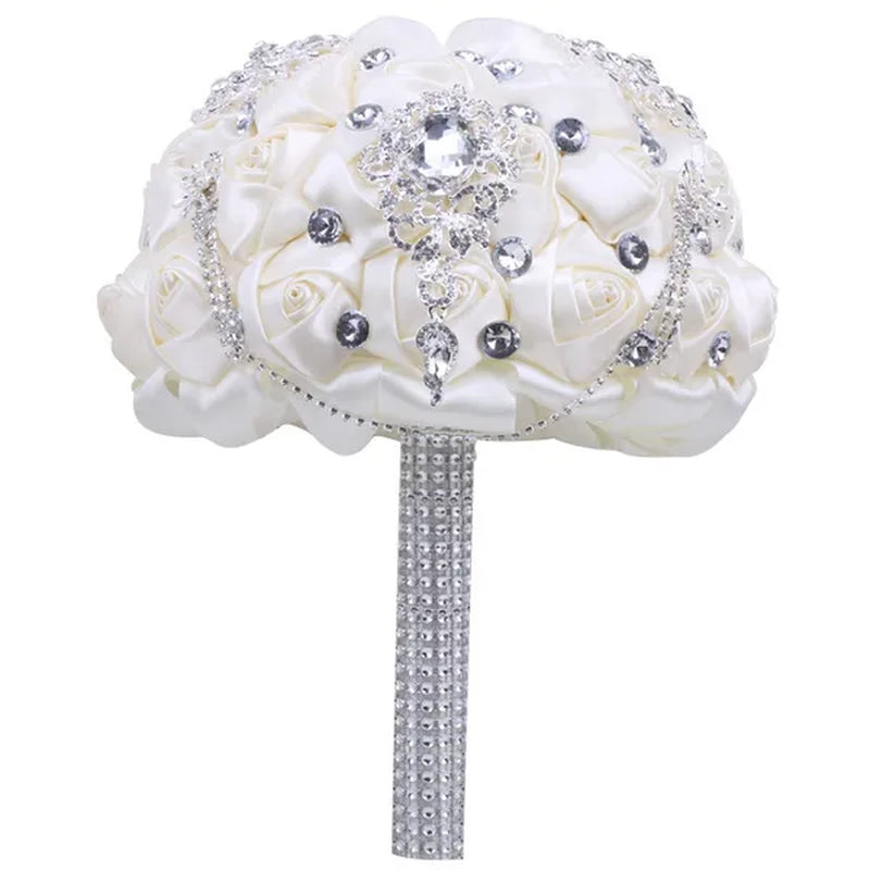 21CM Beautiful Rhinestone Tassel Wedding Bouquet Diamond Brooch Bouquet Satin Rose Bridal Holding Flower DIY Wedding Supplies