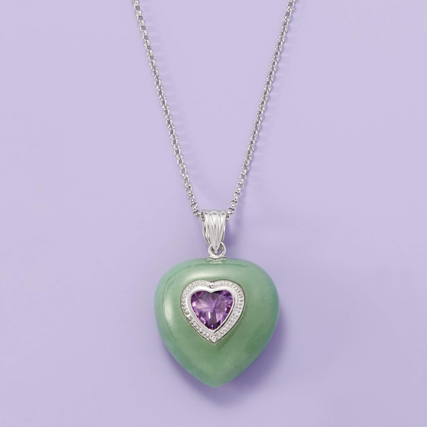 Jade and 1.50 Carat Amethyst Heart Pendant Necklace in Sterling Silver