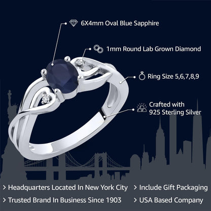 925 Sterling Silver Oval Blue Sapphire and White Lab Grown Diamond 3 Stone Engagement Ring for Women (0.56 Cttw, Gemstone Birthstone, Available in Size 5, 6, 7, 8, 9)