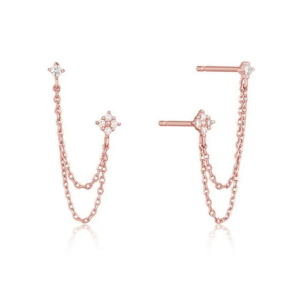 Double Ear Piercing Diamond Stud Earrings Chain Earrings for Women Wedding Party Fashion Temperament Jewelry Gift - WORLD TIME VISITS