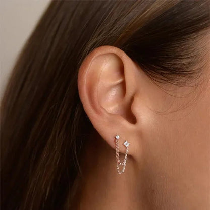 Double Ear Piercing Diamond Stud Earrings Chain Earrings for Women Wedding Party Fashion Temperament Jewelry Gift - WORLD TIME VISITS