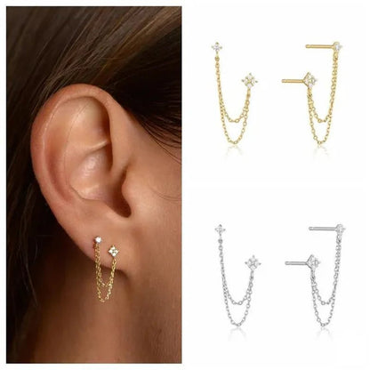 Double Ear Piercing Diamond Stud Earrings Chain Earrings for Women Wedding Party Fashion Temperament Jewelry Gift - WORLD TIME VISITS
