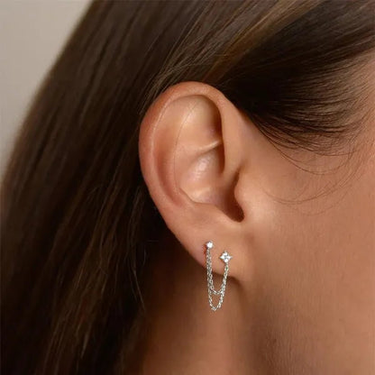 Double Ear Piercing Diamond Stud Earrings Chain Earrings for Women Wedding Party Fashion Temperament Jewelry Gift - WORLD TIME VISITS