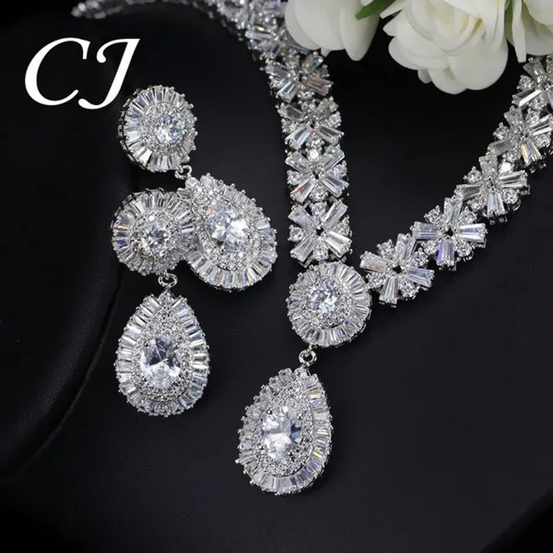 CANDICE Twinkling CZ Stone Setting Luxury Water Drop Pendant Necklace and Earrings Elegant White Gold Plating Jewelry Wedding Set Bridal Accessories for Bride