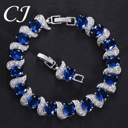 CANDICE 2023 Newest Design Women Luxury CZ Zirconia Silver Bracelets With Blue Stones 18CM+2.5CM（extended clasp）