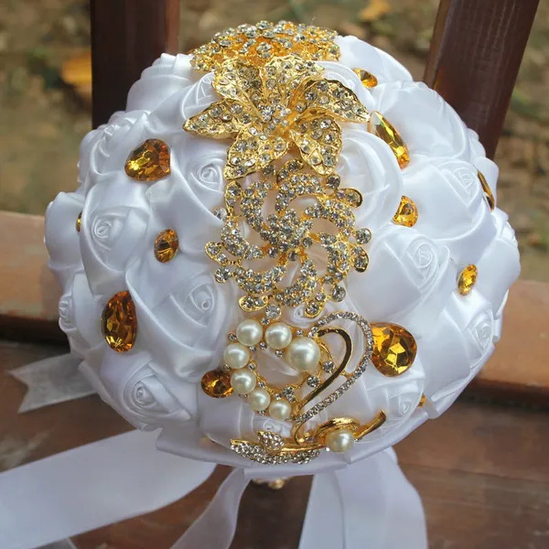 Private Custom 18CM Wedding Bouquet Luxury Gold Crystal Brooch Bride Bouquet Pure Handmade Silk Rose Ribbon Wedding Bride Holding Flowers Multi-Color Optional