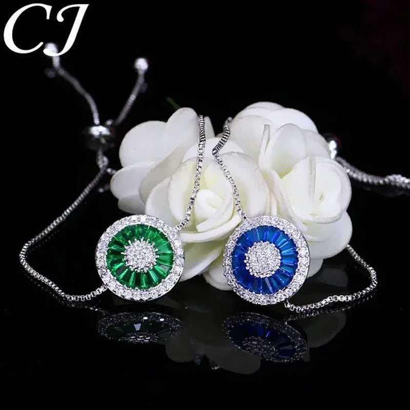 CANDICE Fashion Green round Charm Adjustable Slider Bracelet Bangle for Women White Gold Plated Cubic Zirconia Jewelry
