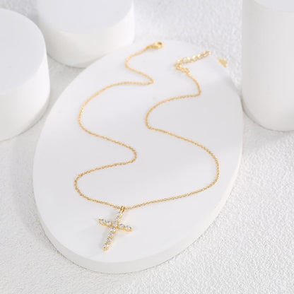 Gold Plated Cross Pendant Necklace, Cross Necklace with Cubic Zirconia, Tarnish-Resistant Cross Pendant Necklace 17 Inches Chain for Women & Men