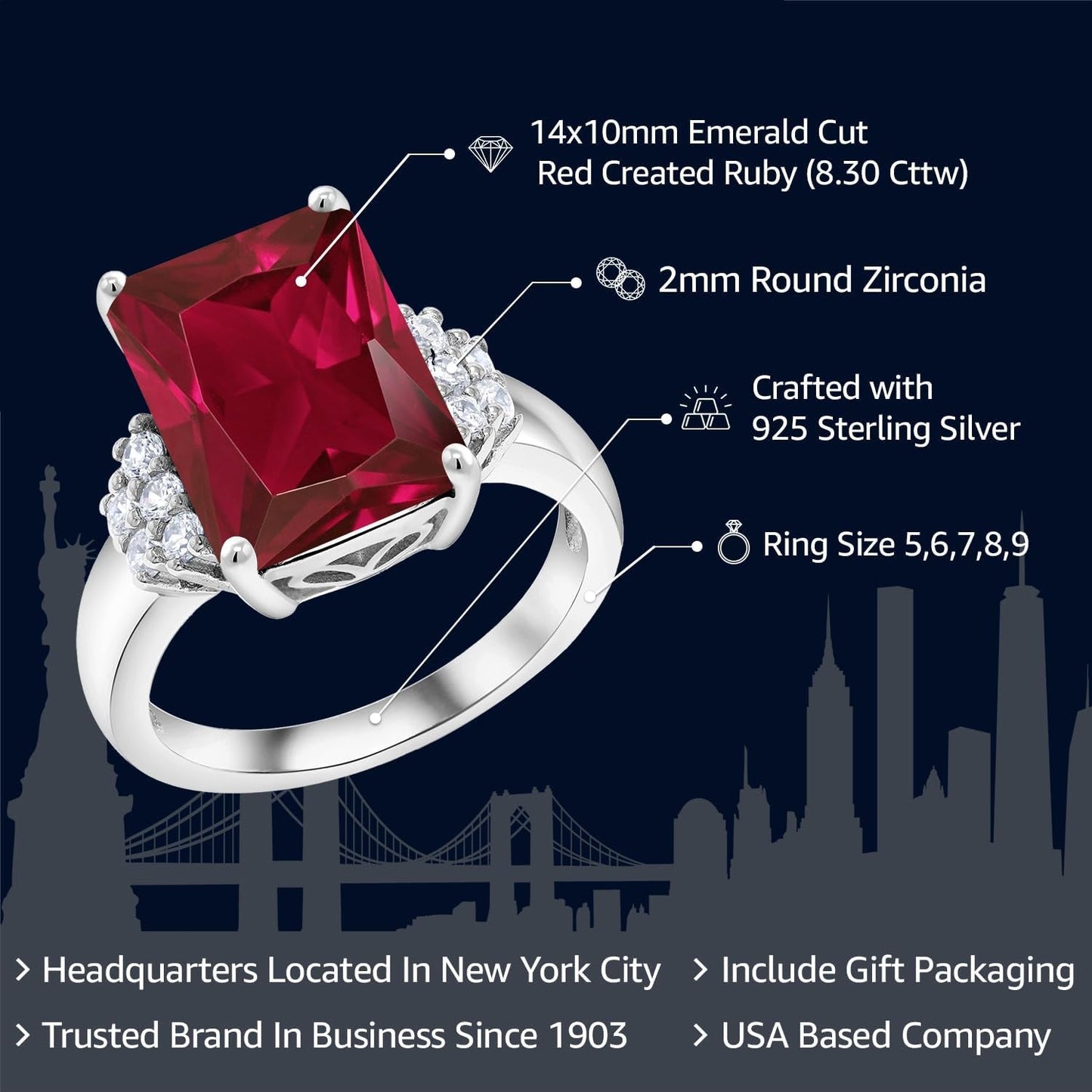 5-10 Cttw Gemstone Birthstone Engagement Ring for Women | 14X10MM Emerald Cut | 925 Sterling Silver | Wedding Anniversary Promise Ring | Available in Size 5, 6, 7, 8, 9