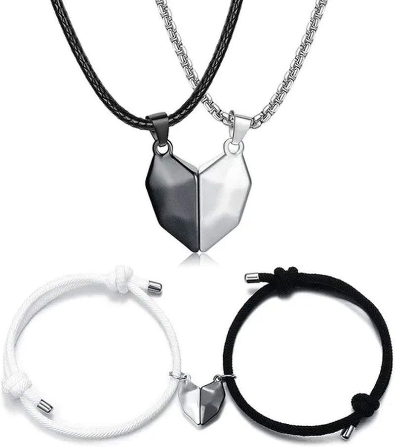 4Pcs/Set Two Souls One Heart Matching Necklaces Bracelets for Couples Creative Magnet Wishing Stone Necklaces Pandent Braided Rope Bracelets Mutual Attraction Friendship Couples Jewelry Gifts for Valentine'S Day