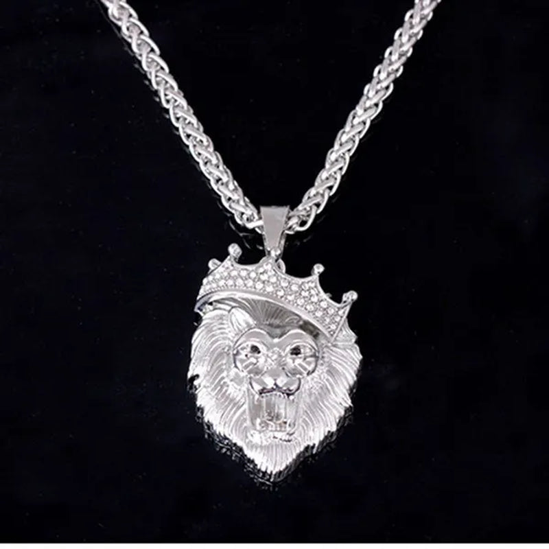 Titanium Steel Diamond Crown Lion Head Necklace Hip Hop Luminous Necklace Men's Gold-plated Punk Party Pendant Necklace