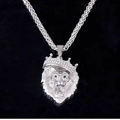 Titanium Steel Diamond Crown Lion Head Necklace Hip Hop Luminous Necklace Men's Gold-plated Punk Party Pendant Necklace