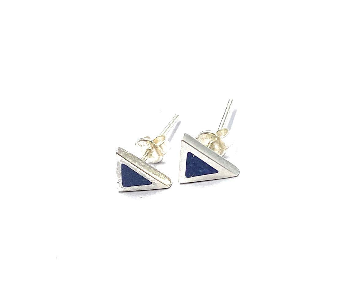 Triangle Lapis Lazuli Mosaic Micro Mosaic Sterling Silver Stud Earrings, Semi Precious Gemstone by Hstudio
