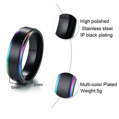 6mm Wide Titanium Steel IP Black Plated Classics Ring With Rainbow Color Multicolor Edge For Gay & Lesbian Pride Jewelry Women Men Wedding Band