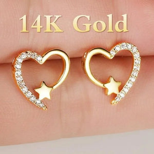 NEW Gold  Love Heart Star White Sapphire Diamond Stud Earrings for Women Wedding Engagement Bride Jewelry Gift