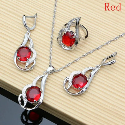 925 Silver Jewelry Sets for Women Rainbow Tourmaline  Wedding Necklace Earrings Open Ring