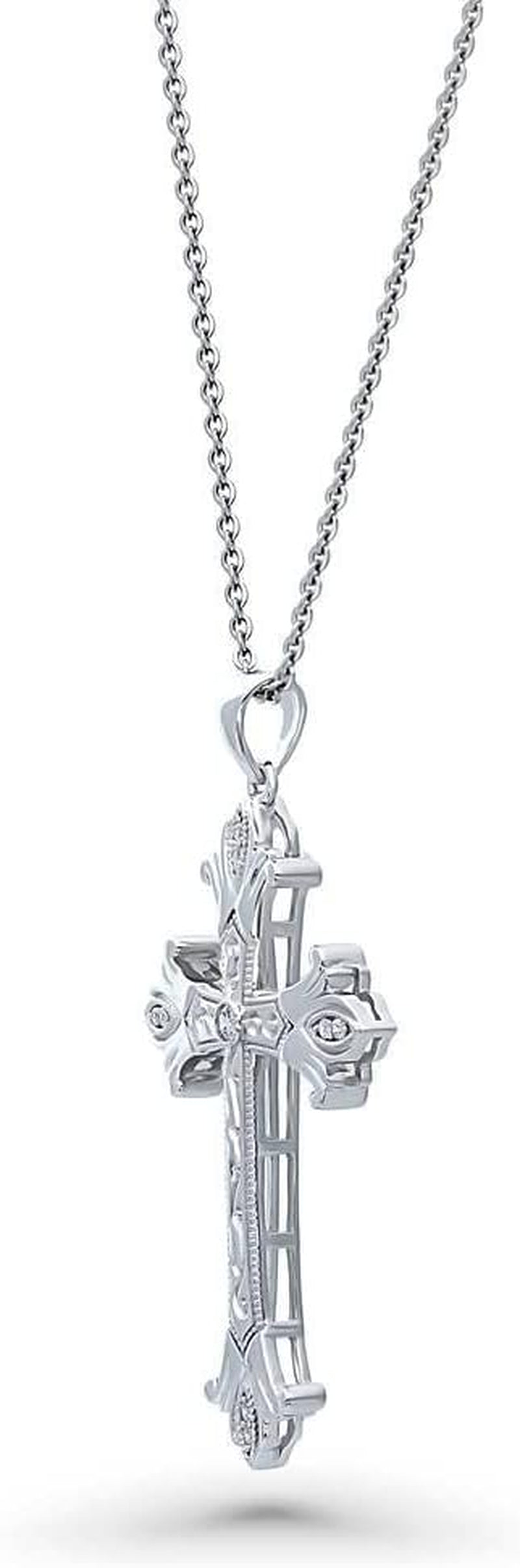 Sterling Silver Gold Flashed Cross Pendant Necklace for Women, Cubic Zirconia CZ - Sideways Cross, Filigree Styles