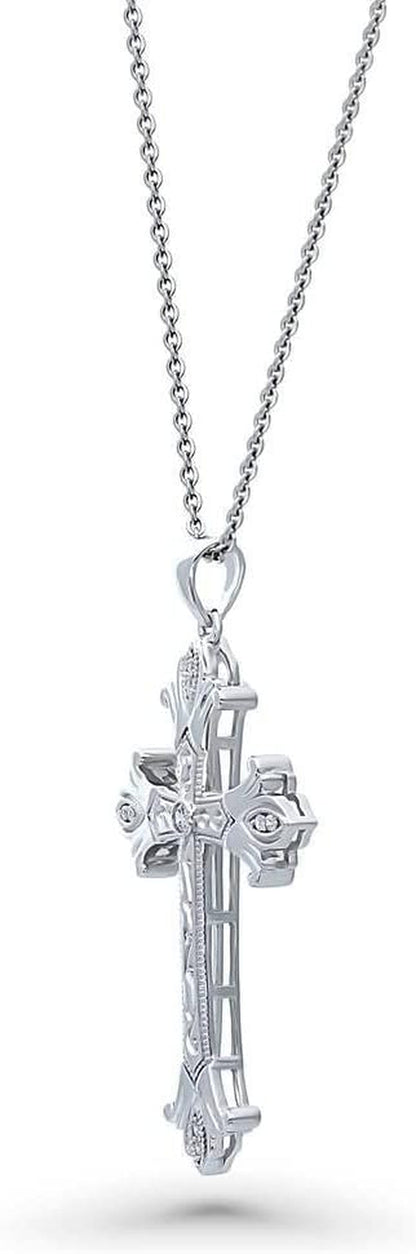 Sterling Silver Gold Flashed Cross Pendant Necklace for Women, Cubic Zirconia CZ - Sideways Cross, Filigree Styles