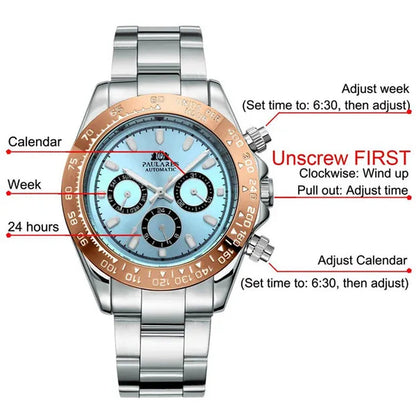 Automatic Watches Self Wind Mechanical Gold Stainless Steel Glacier Ice Blue Dial Chestnut Brown Bezel Luminous Men Watch