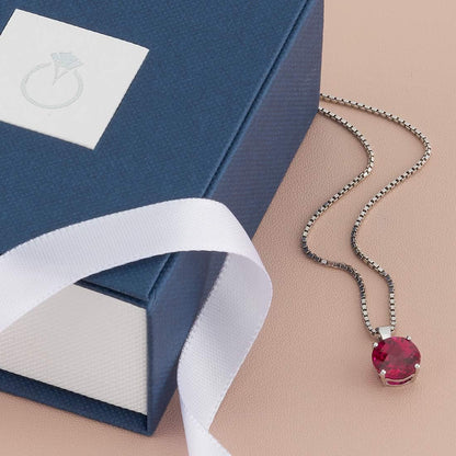 Created Ruby Pendant in 14 Karat White Gold, Classic Solitaire, round Shape, 8Mm, 2.50 Carats Total