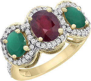 10K Yellow Gold Enhanced Ruby & Cabochon Emerald 3-Stone Ring Oval Diamond Accent, Sizes 5-10