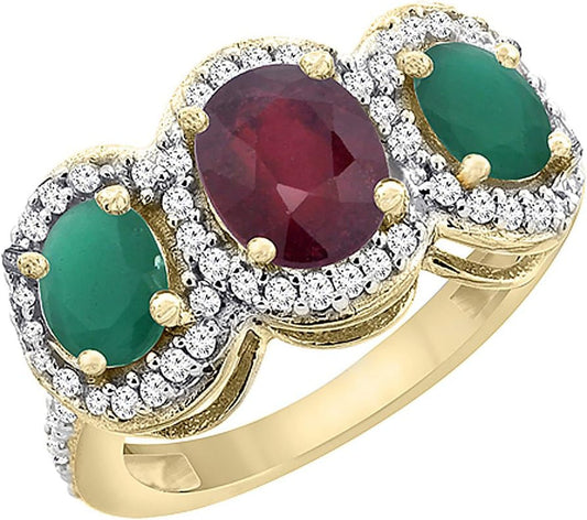 10K Yellow Gold Enhanced Ruby & Cabochon Emerald 3-Stone Ring Oval Diamond Accent, Sizes 5-10