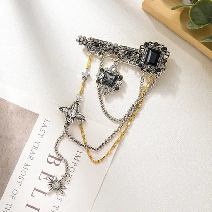 Fashion Black Six-Pointed Star Crystal Tassel Pendant Brooch Retro Pin Baroque Gemstone Decoration Simple Personality Rhinestone Zircon Square Flower Brooch Women and Men Unisex Clothing Accessories Wedding Engagement Bride Anniversary Party Jewelry Gift