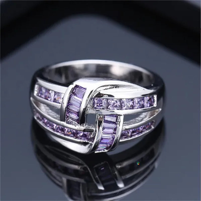 Princess Silvering Purple Amethyst Gemstone Birthstone Wedding Engagement Heart Ring