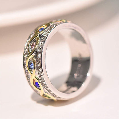 Fashion 18K Gold Ruby Sapphire Ring 925 Sterling Silver Shiny Full Diamond Ring Cubic Zirconia Promise Rings CZ Diamond Multi Row Ring Eternity Engagement Wedding Band Ring for Women