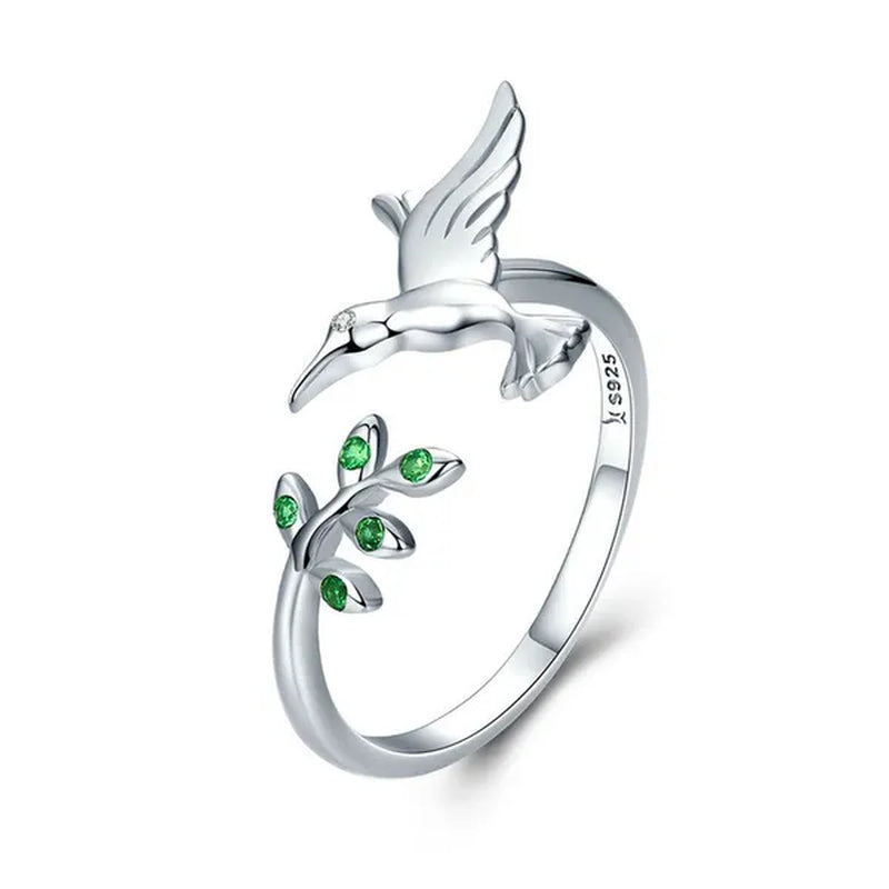 Hot Cute Bird Animal Open Ring 925 Sterling Silver Green Zircon Leaf Ring For Women Fashion Jewelry Gift