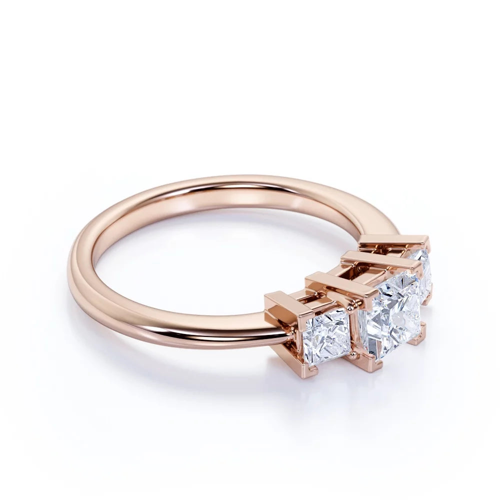 Modern 0.50 Carat Princess Cut Diamond - 3 Stone Engagement Ring - past Present Future Ring - 10K Rose Gold