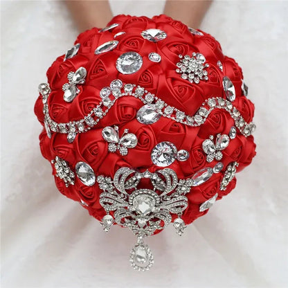 Shiny Luxury Rhinestone Brooch Pendant Wedding Bouquet 21CM Silk Rose Flower Diamond Bridal Bouquet Handmade Bridesmaid Holding Flowers