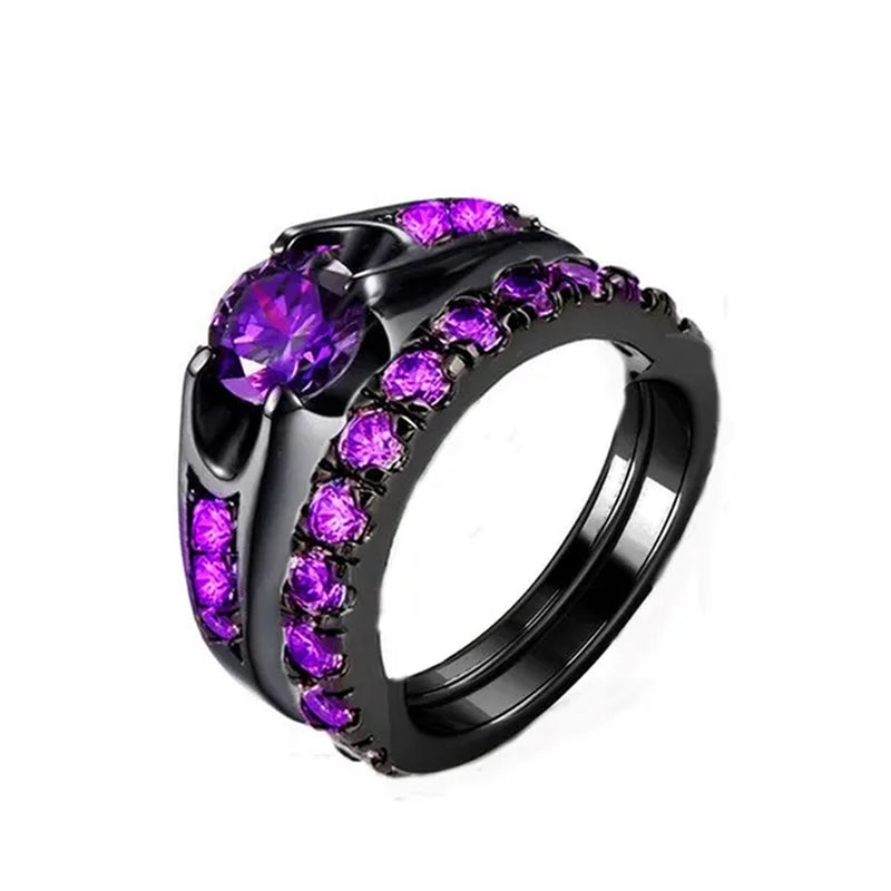 3PCS Amethyst Couple Rings 18K Black Gold Plated Womens Wedding Rings Sets and 8Mm Titanium Steel Men Engagement Promise Band Party Ring