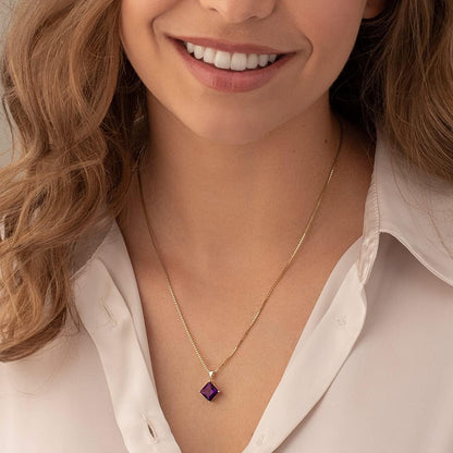 Solid 14K Yellow Amethyst Pendant for Women, 2 Carats Princess Cut 8Mm, Genuine Gemstone Solitaire, Real Amethyst Necklace, February Birthstone Necklace, for Jewelry Gift & Everyday Wear