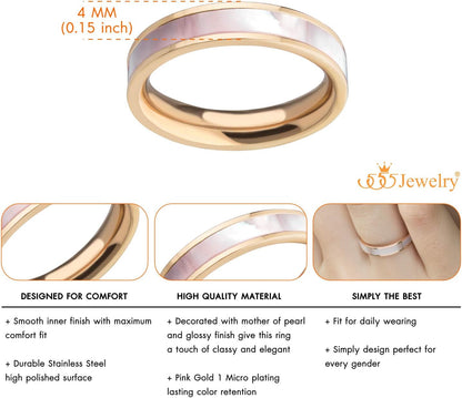 4Mm Mother of Pearl Abalone Shell Inlay Band Ring for Women & Girls