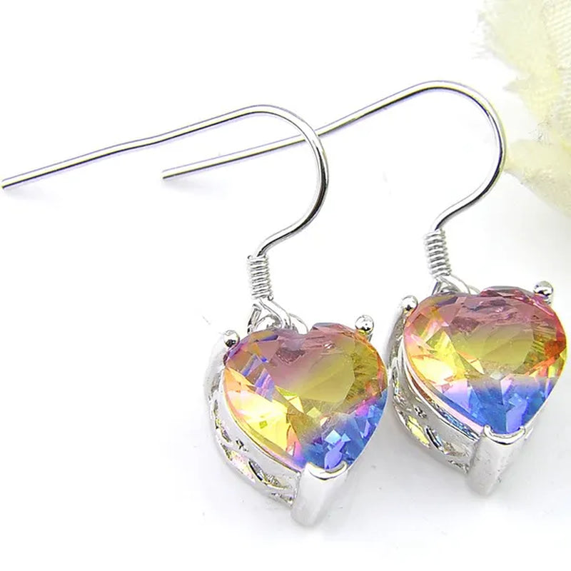Heart Cut Shine Dazzling Fire Rainbow Tourmaline Gemstone Silver Dangle Earrings for Women Wedding Holiday Friends