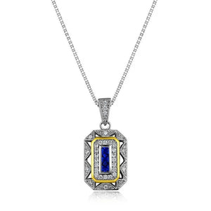 0.50 Ct Blue Sapphire White CZ 925 Sterling Silver Yellow Pendant Chain Necklace