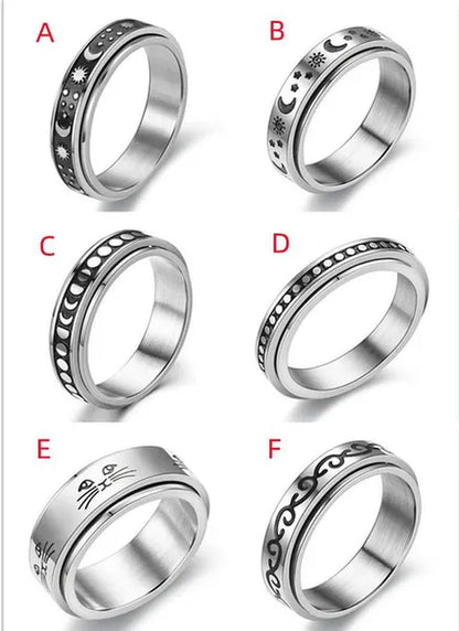 Couple Rings Rotatable Fidget Rings Stainless Steel Sun Moon Star Dot Waves Cat Pattern Spinner Ring Jewelry Gift for Women Men Boyfriend Girlfriend