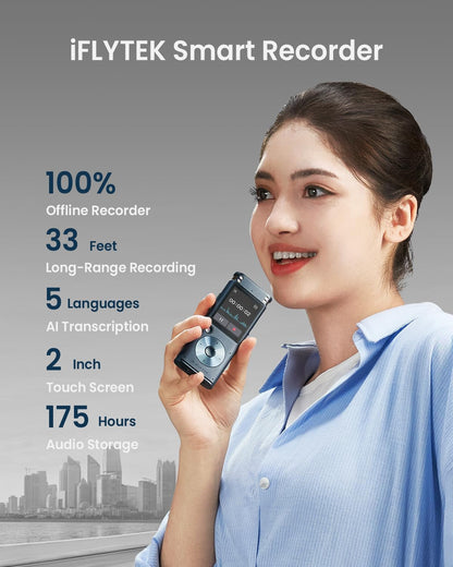 Offline Voice Recorder with Playback, Secure Digital Recorder with AI Transcription, 5-Language Voice-To-Text, Noise Reduction, AI Voice Recorder for Meetings, Interviews, Learning