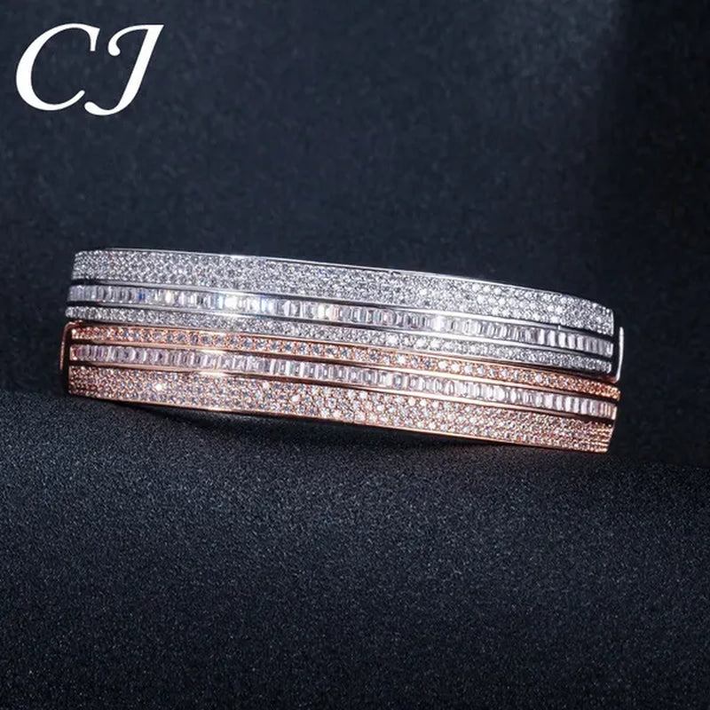 CANDICE New Fashion Simple Unisex Open Bangle Setting Sparkling CZ Stone Rose Gold & White Gold Plated Cuff Bracelet Jewelry for Women Men Couple Gift