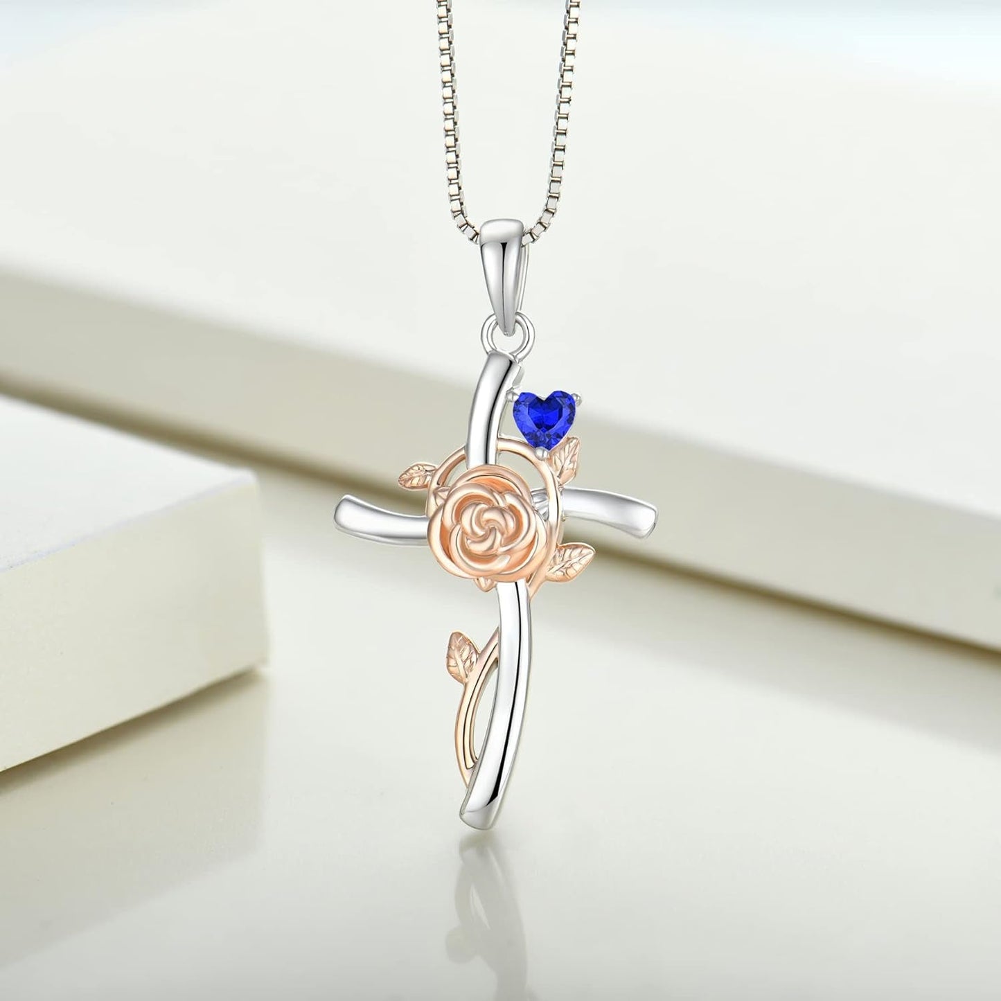 Cross Pendant Necklace 925 Sterling Silver Rose Flower Necklace Gemstones Flower Jewelry for Women