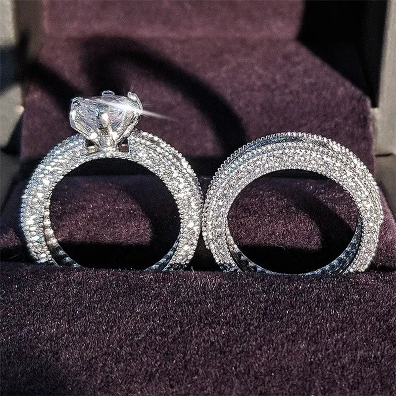2Pcs/Set Rings for Women 925 Sterling Silver Natural Sapphire Geometric Rings for Women AAA Zircon Diamond Ring Princess Wedding Wedding Ring Set Birthday Valentine'S Day Gift Accessories Jewelry