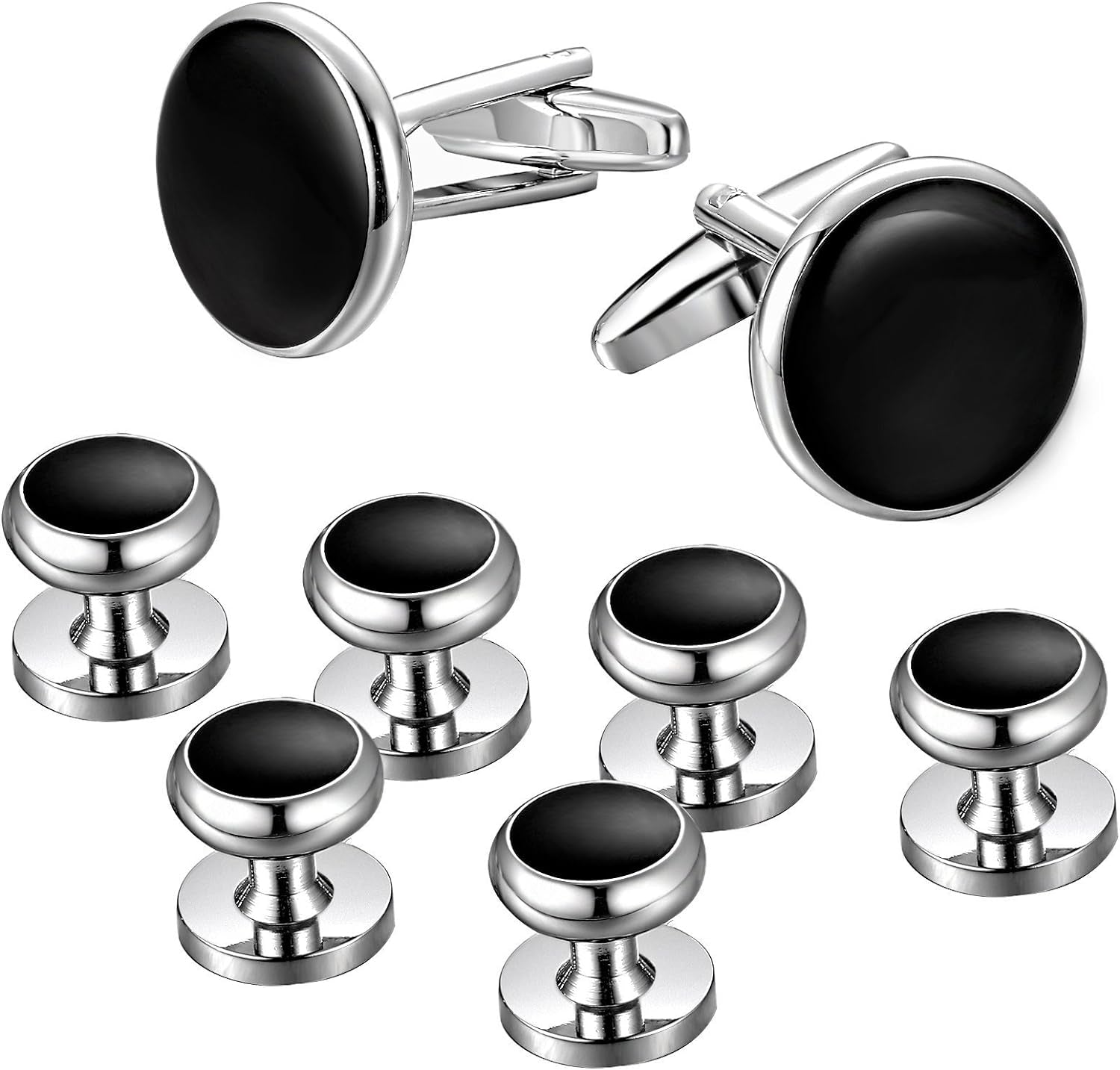 Mens Cufflinks and Studs Set Tuxedo Shirts Classic Black&Silver Match for Business Wedding Formal Suit