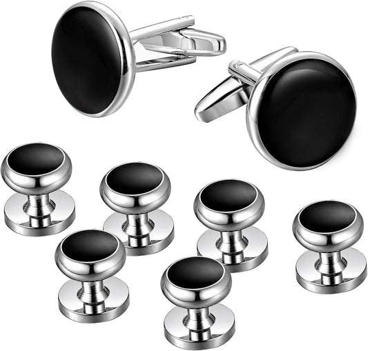 Mens Cufflinks and Studs Set Tuxedo Shirts Classic Black&Silver Match for Business Wedding Formal Suit