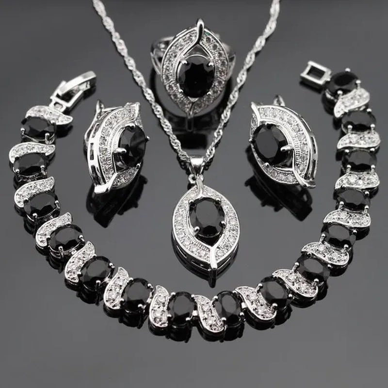 925 Sliver Jewelry Sets Black Zircon White Topaz Necklace Pendant Hoop Earring Ring Bracelet For Women  Dating Gift