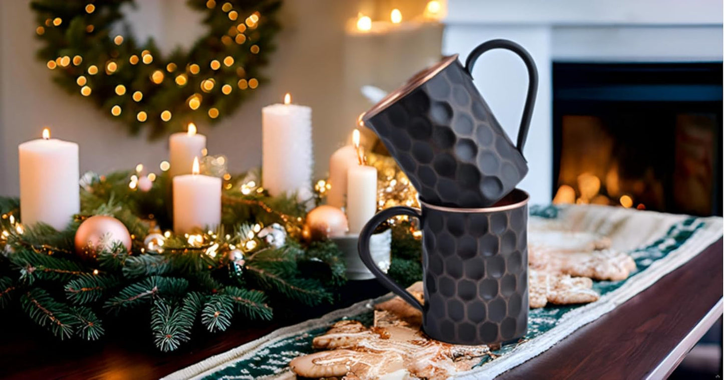 20 Oz Honeycomb Black Matte Moscow Mule Mugs Pure Copper Cups for Drinking Water Gifts for Him Her on Anniversary Genuine Copper Mugs for Moscow Mules Real Solid Tankard Mug Cup Set of 2