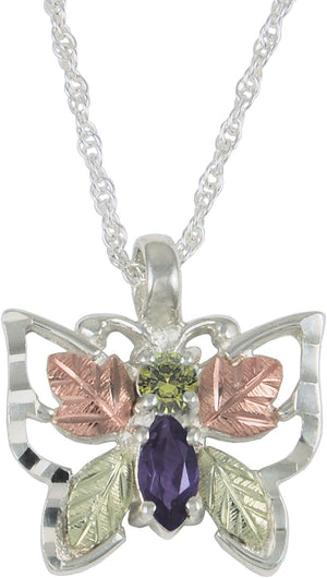 925 Sterling Silver, 12K Green and Rose Gold Peridot and Amethyst Butterfly Necklace for Women 18 Inches