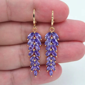 Women Fashion Luxury Purple Cubic Zirconia CZ Leaf Dangle Engagement Earrings Jewelry
