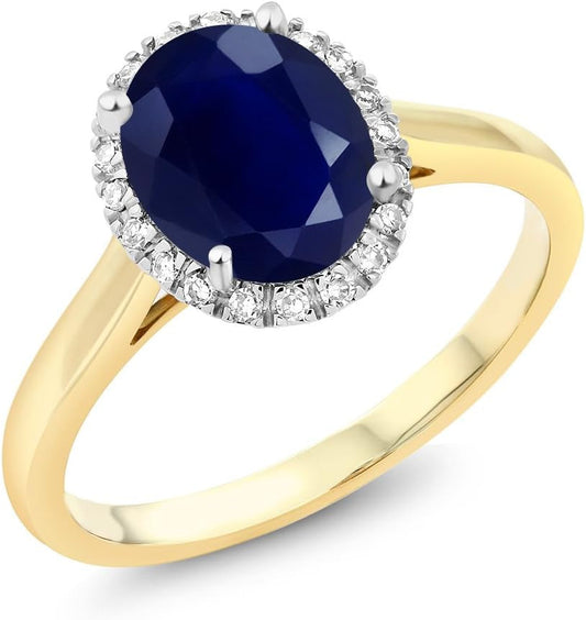 10K 2-Tone Gold Oval Blue Sapphire and Diamond Halo Engagement Ring for Women (2.34 Cttw, Oval 9X7MM, Gemstone Birthstone)