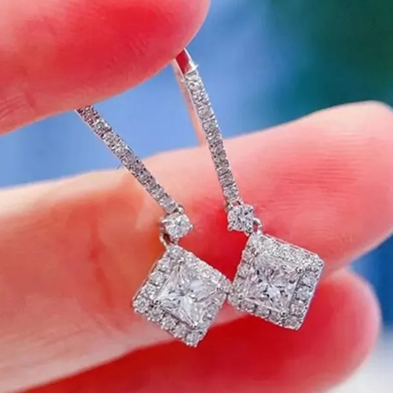 Square Cut Zircon Pendant Silver Plated Lab Diamond Drop Earrings for Women Bridal Engagement Wedding Fashion Accessories - WORLD TIME VISITS